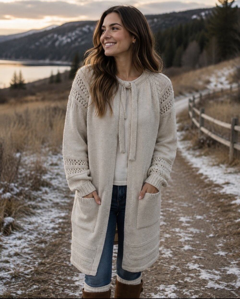 PQS Women’s VTG 100% Shetland Wool Long Open Duster Cardigan Sz M Oatmeal Pocket